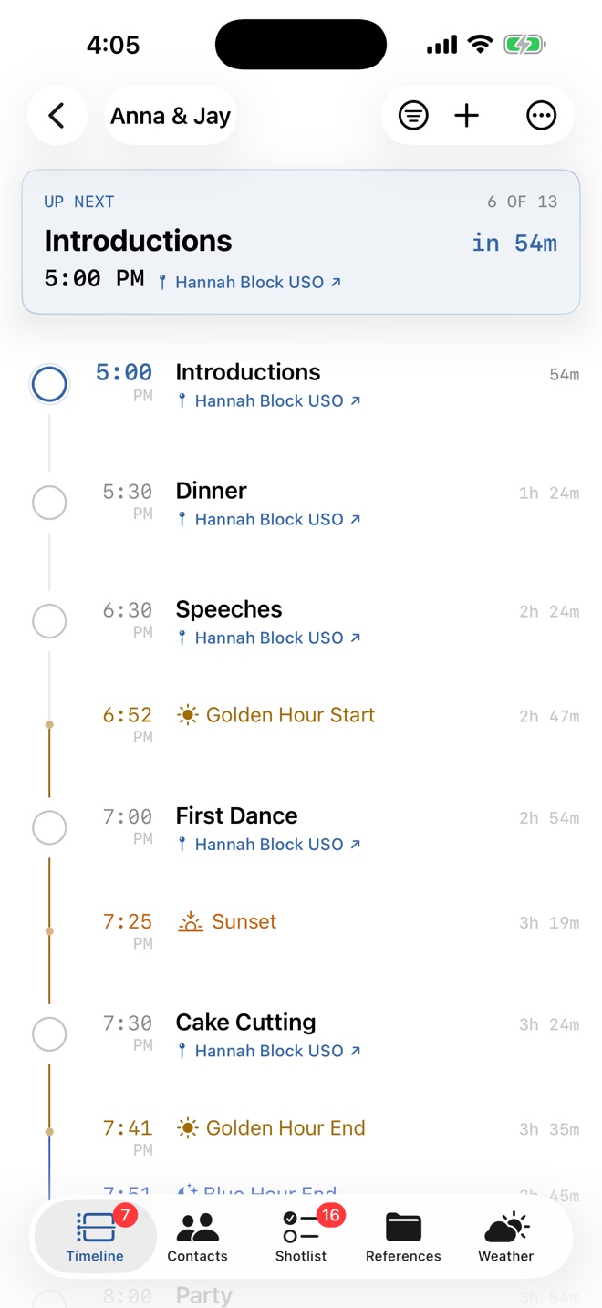 Anemone timeline showing the next event, venue links, and golden hour markers for Anna and Jay’s sample wedding.
