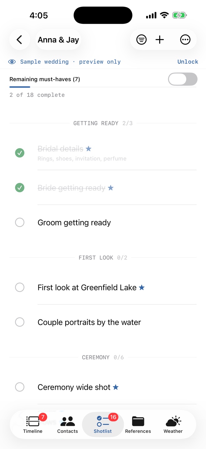 A sample shot list grouped by part of the day, with starred must-haves, completed shots, and a remaining must-haves filter.