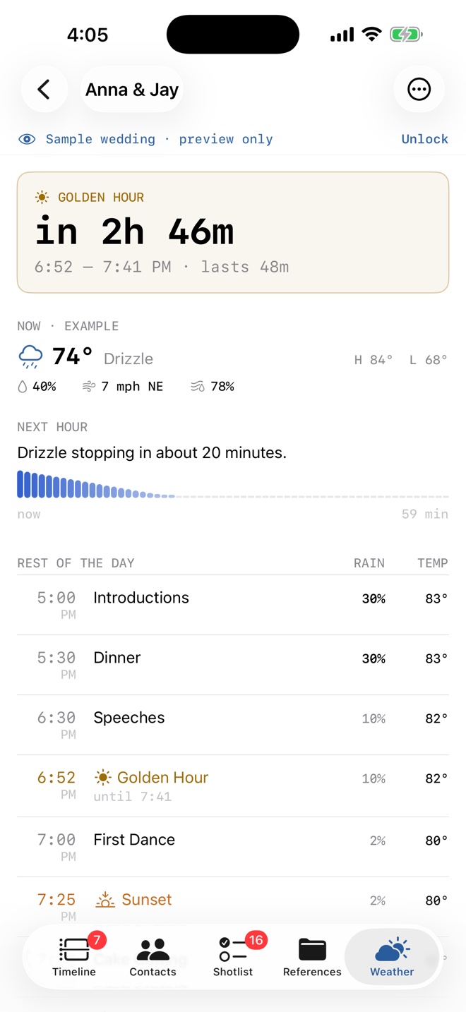 Premium’s Weather tab showing a golden hour countdown and the sample wedding’s clearly labeled example forecast.