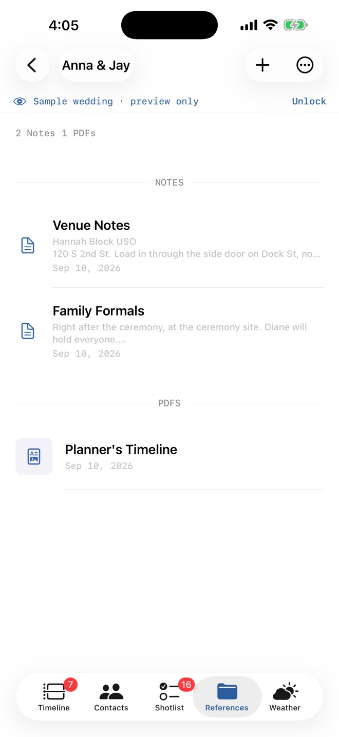 The sample wedding’s References tab with venue notes, family formals, and the planner’s timeline PDF.