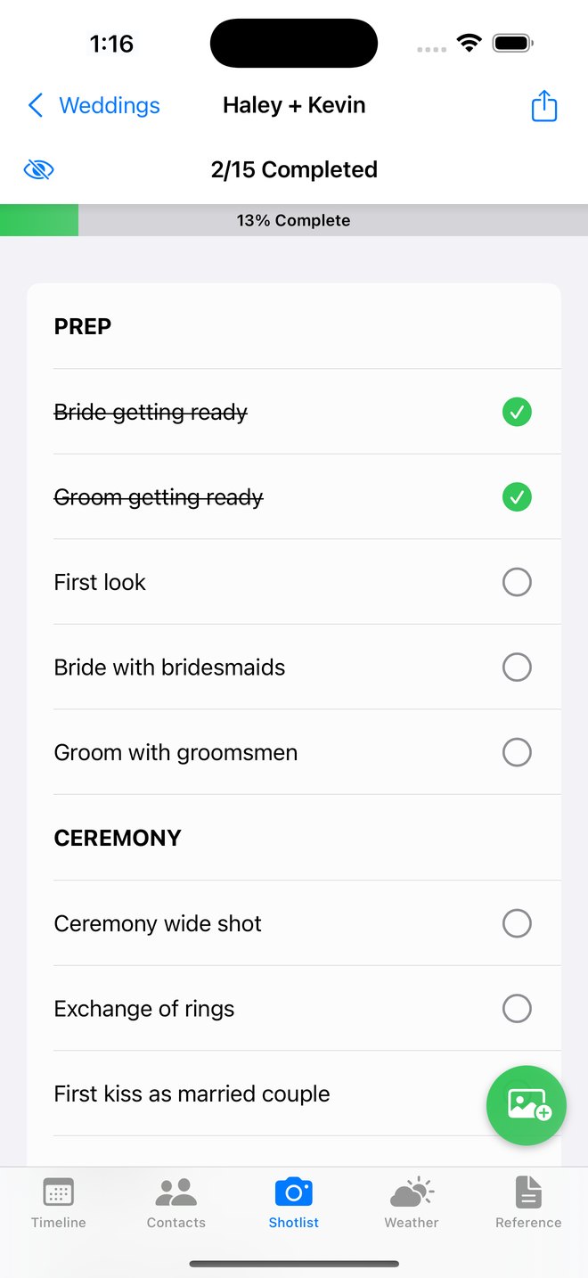 Anemone’s shot list for a sample wedding, grouped into prep and ceremony.