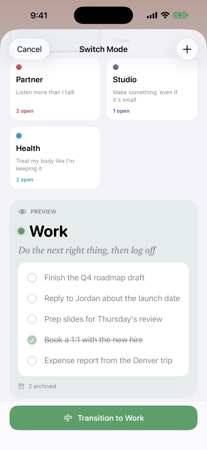 Bardo’s Switch Mode sheet showing a read-only preview of Work mode and a Transition to Work button.