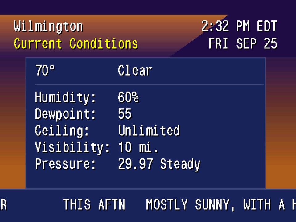 Cable Weather’s current conditions page, with temperature, humidity, dewpoint, and pressure.