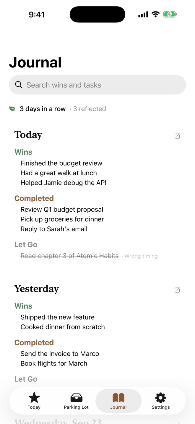 Handful’s Journal showing today’s three wins, three completed tasks, and one task let go for “Wrong timing.”