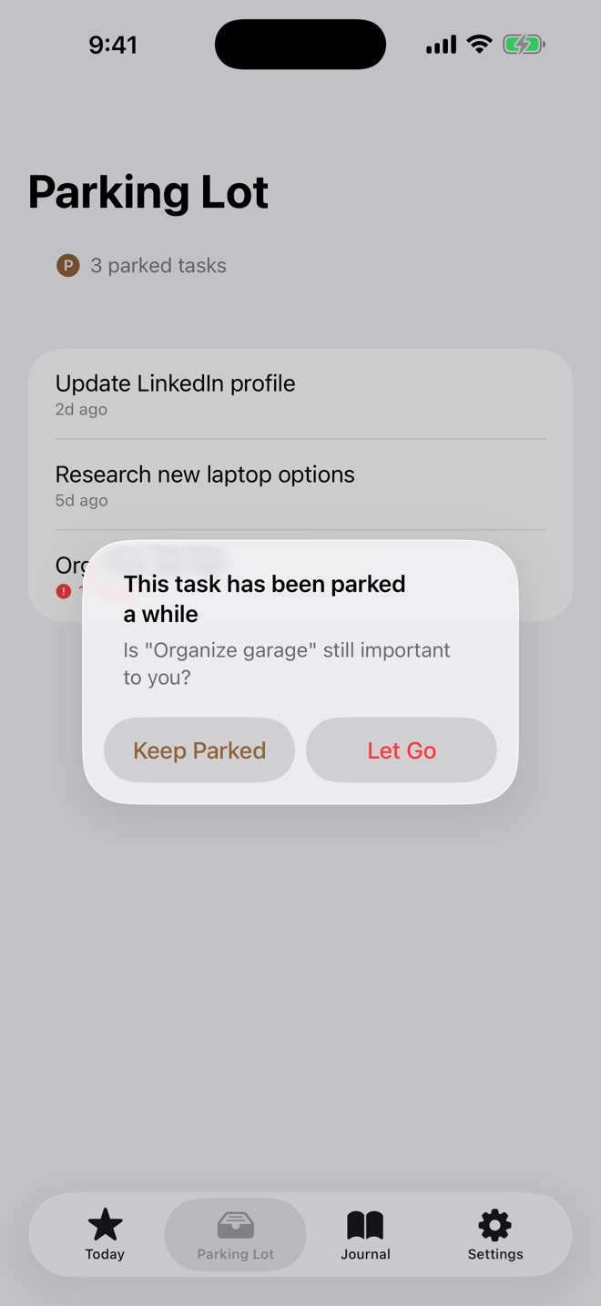 Handful’s Parking Lot asking whether “Organize garage,” parked a while, is still important, with Keep Parked and Let Go buttons.
