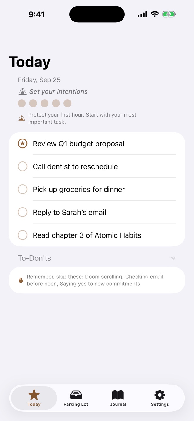 Handful’s Today screen in the morning with five sample tasks, the Most Important Task starred at the top, and a reminder of three to-don’ts.