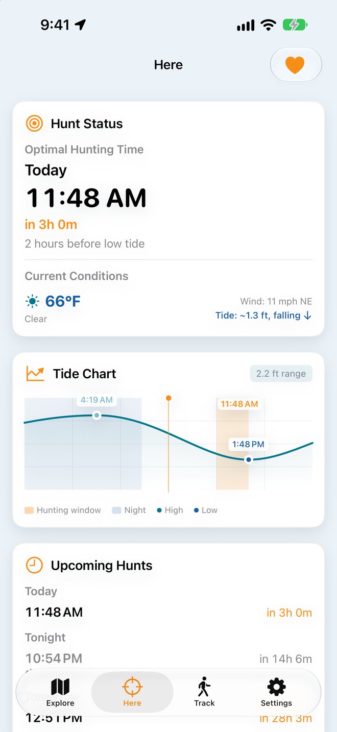 Mako’s Here screen with today’s hunting window at 11:48 AM, current conditions, and a tide chart with the night shaded and the hunting window marked as a band.