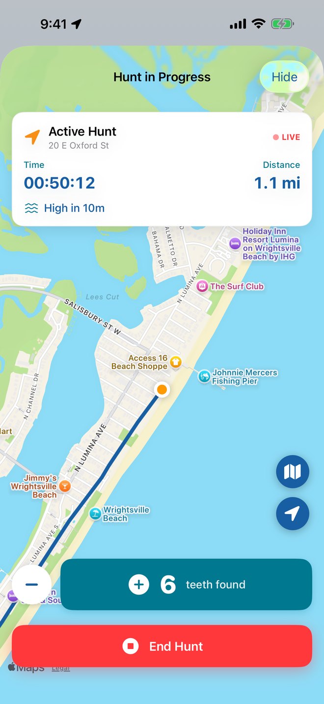 A hunt in progress in Mako, with the route on a map, elapsed time, distance, and six teeth found.