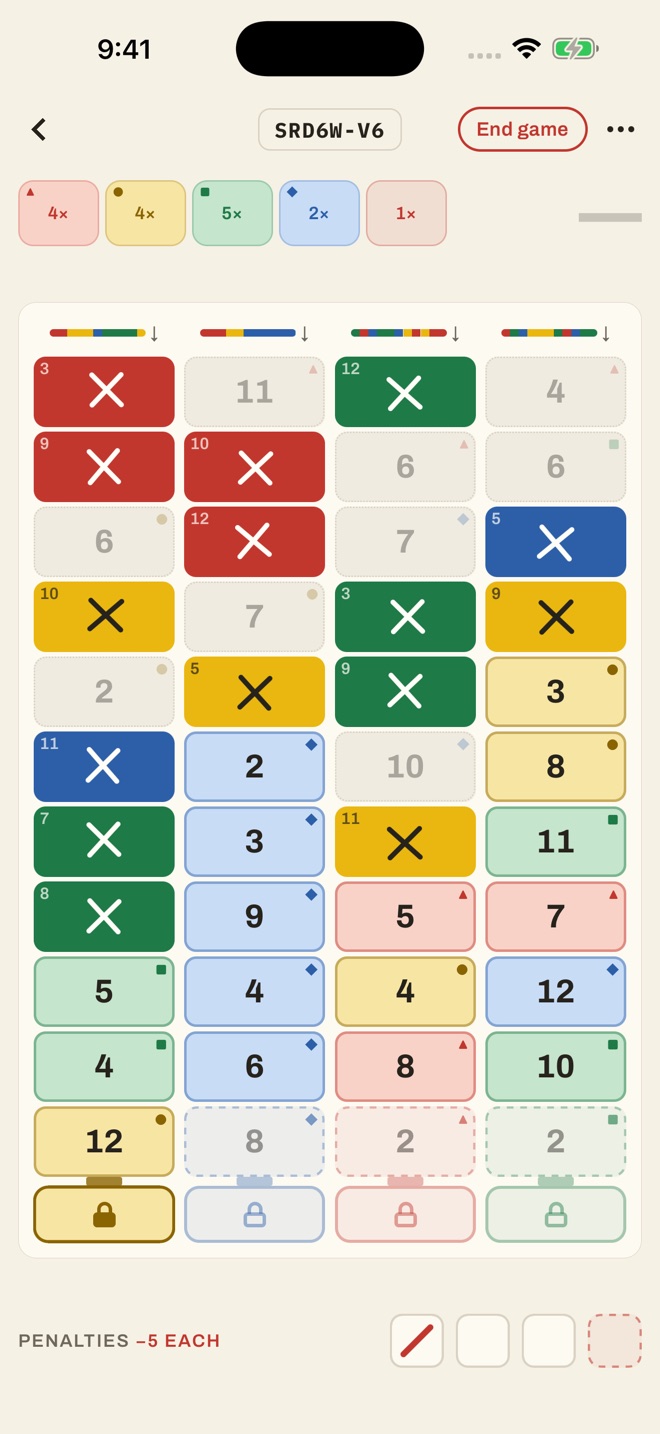 Quickpad’s Chaos card mid-game, with scrambled numbers and mixed colors, marked squares crossed off, and the card code at the top.