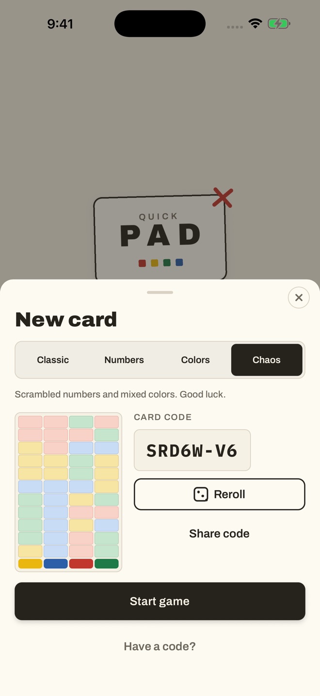 Quickpad’s New card sheet with Classic, Numbers, Colors, and Chaos modes, a preview of the card, and its 7-character code.