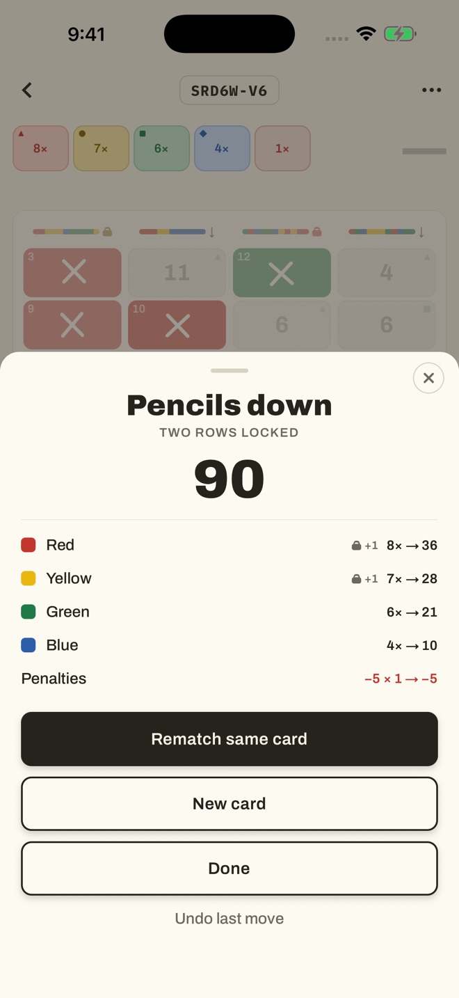 Quickpad’s Pencils down screen with a final score of 90, totaled by color, two rows locked, and one penalty.