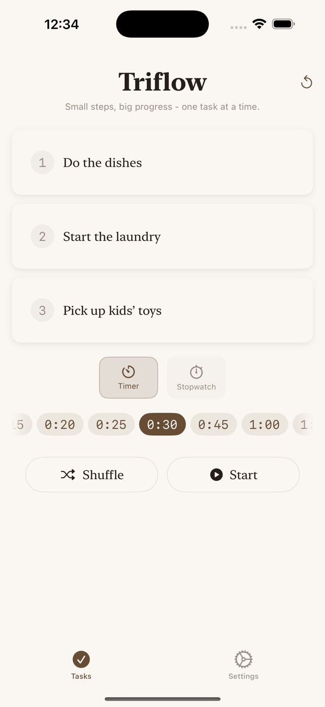 Triflow showing three everyday tasks, timer choices, and Shuffle and Start controls.