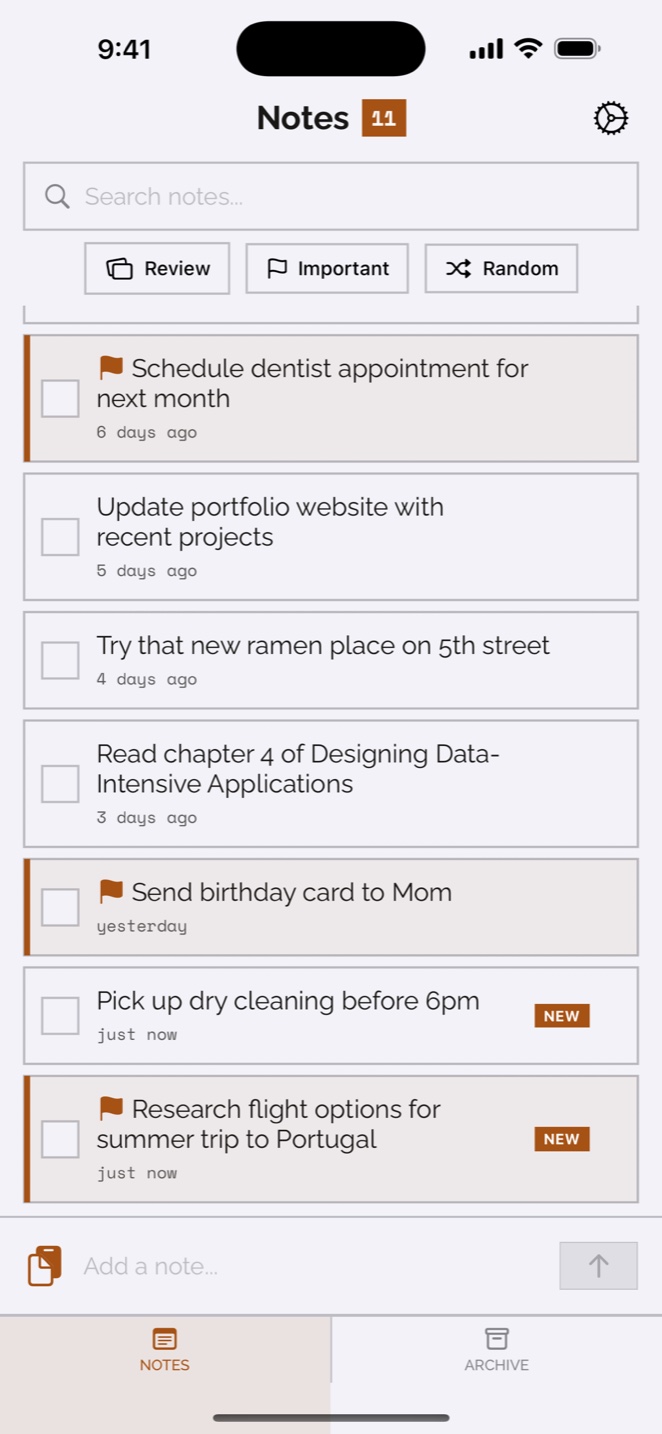 Volanote’s notes list with new, important, and older sample notes.