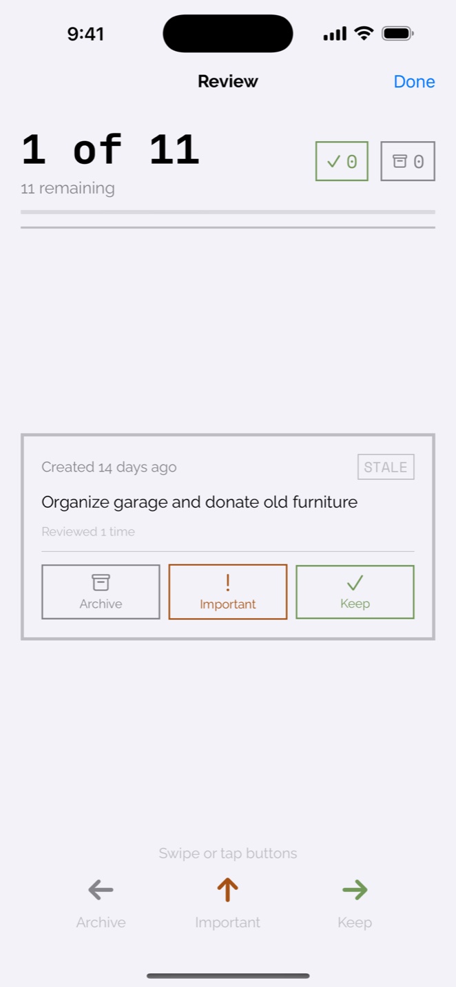 A Volanote review card with Archive, Important, and Keep actions.