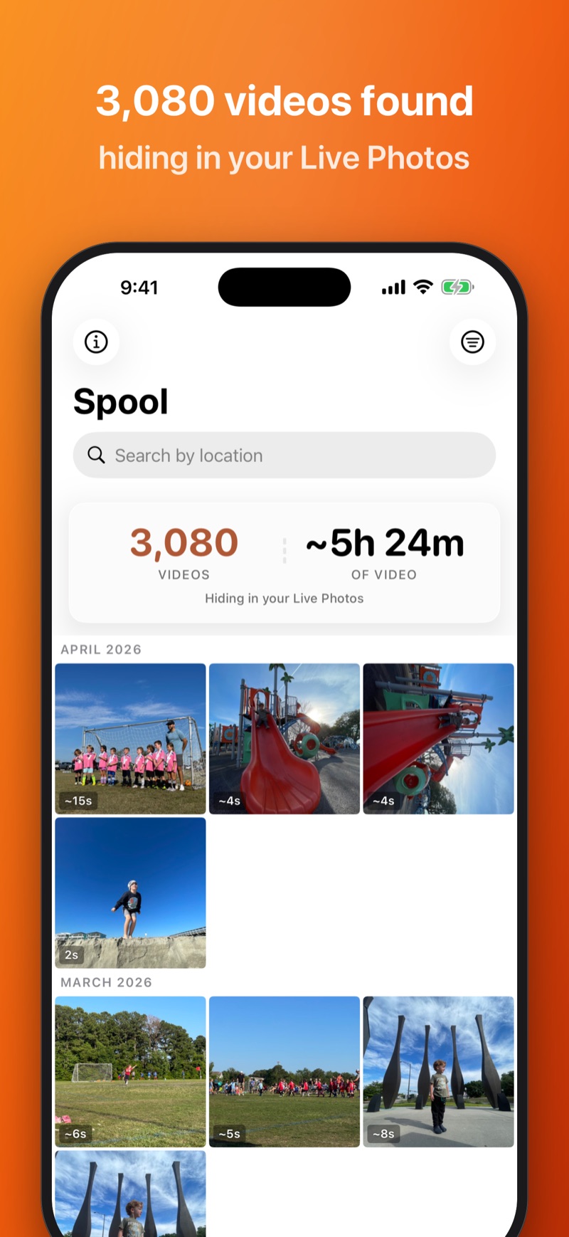 Spool showing a grid of videos found in a photo library, with a search bar and a running count of videos and total footage