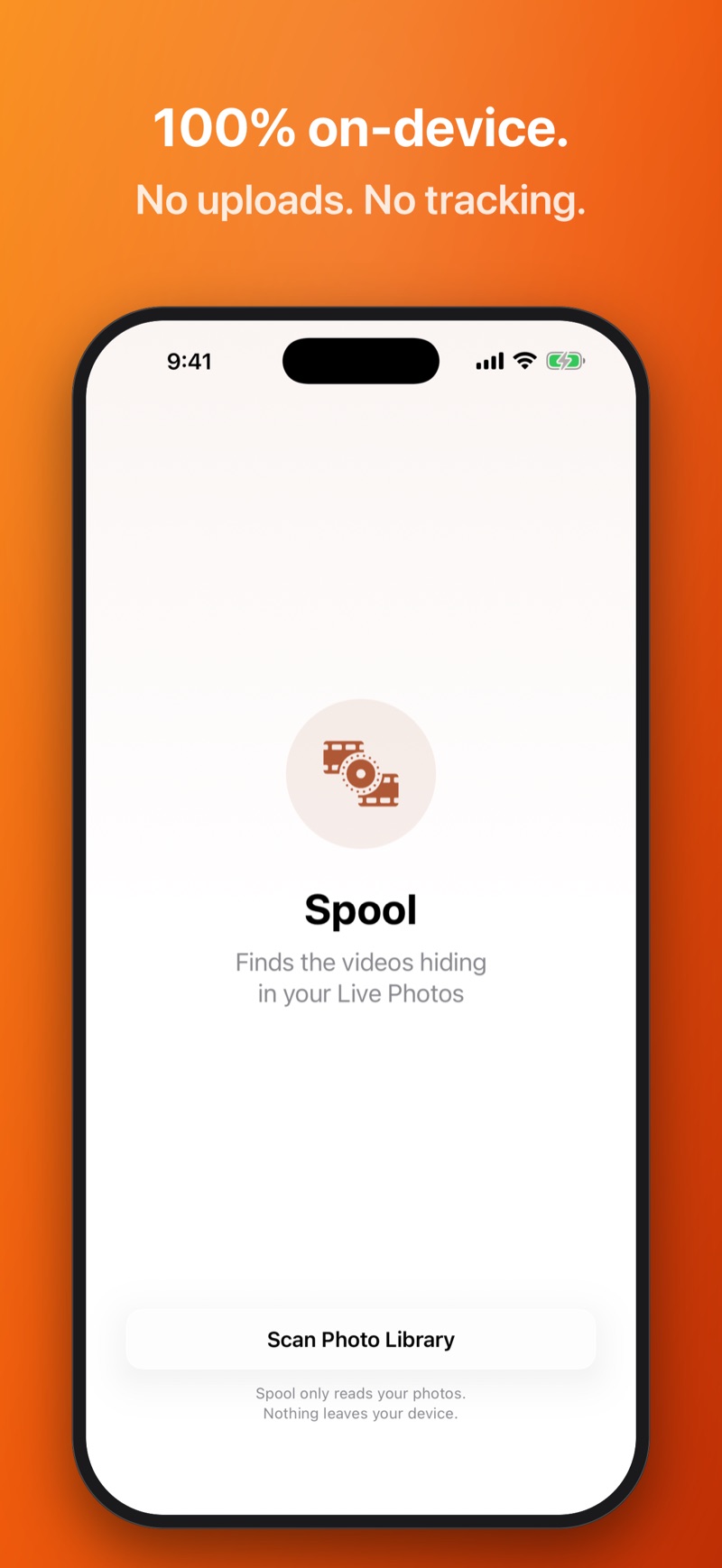 Spool's scan screen, noting that it only reads your photos and works on your device