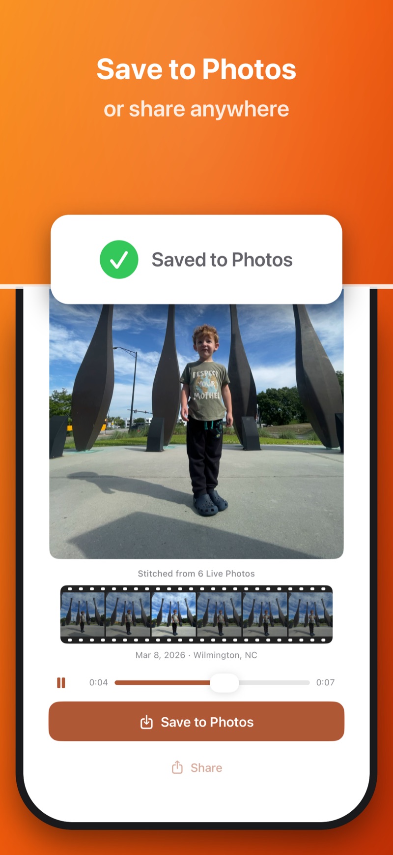 A stitched video saved to Photos, with the option to share it through the iOS share sheet